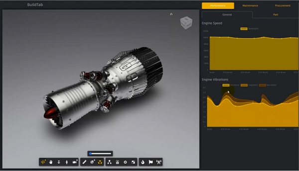 Mô hình 3D động cơ phản lực, được gắn các cảm biến theo dõi thông số kỹ thuật theo thời gian thực. Ảnh: Autodesk, Inc.